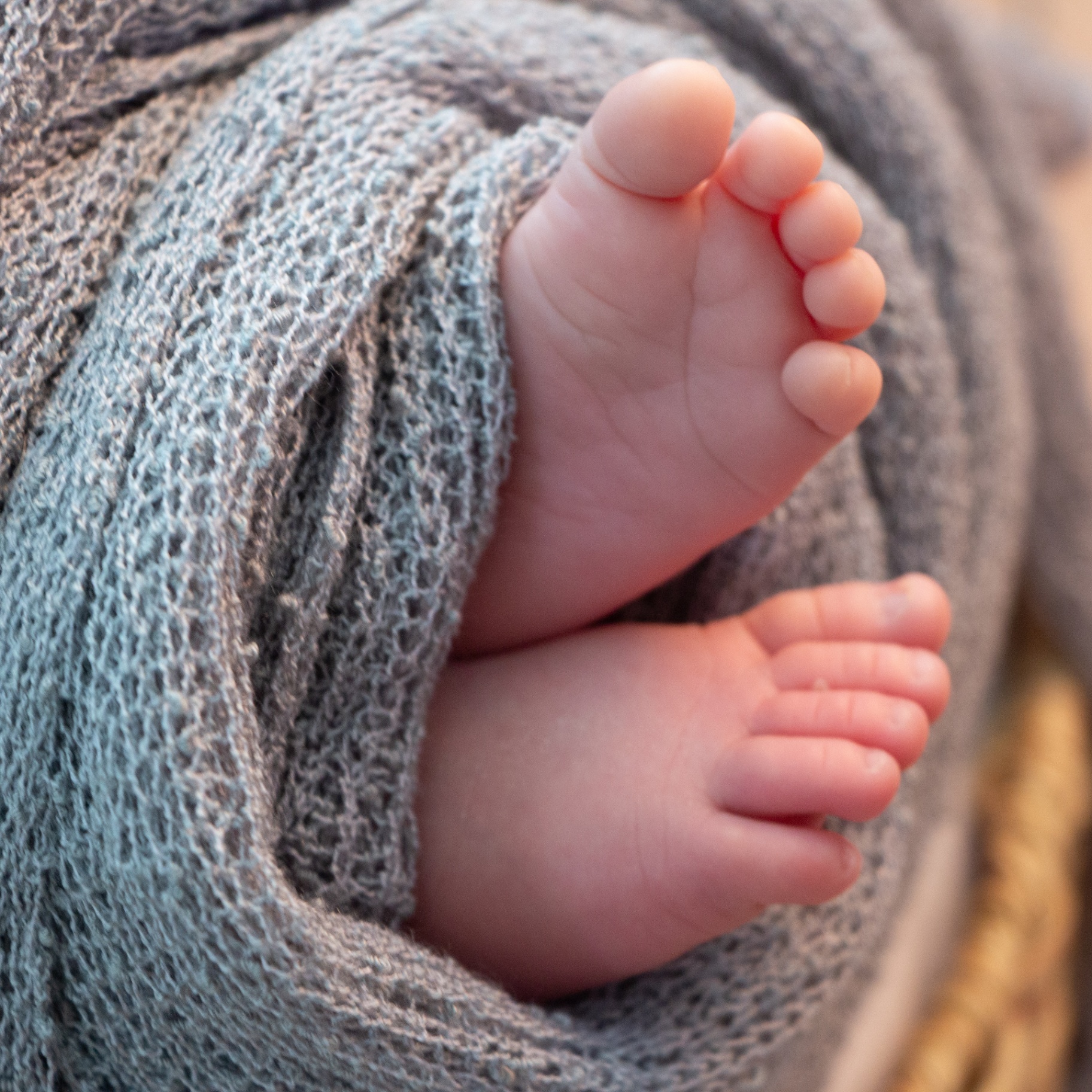 Tiny newborn feet wrapped in a grey knitted blanket
