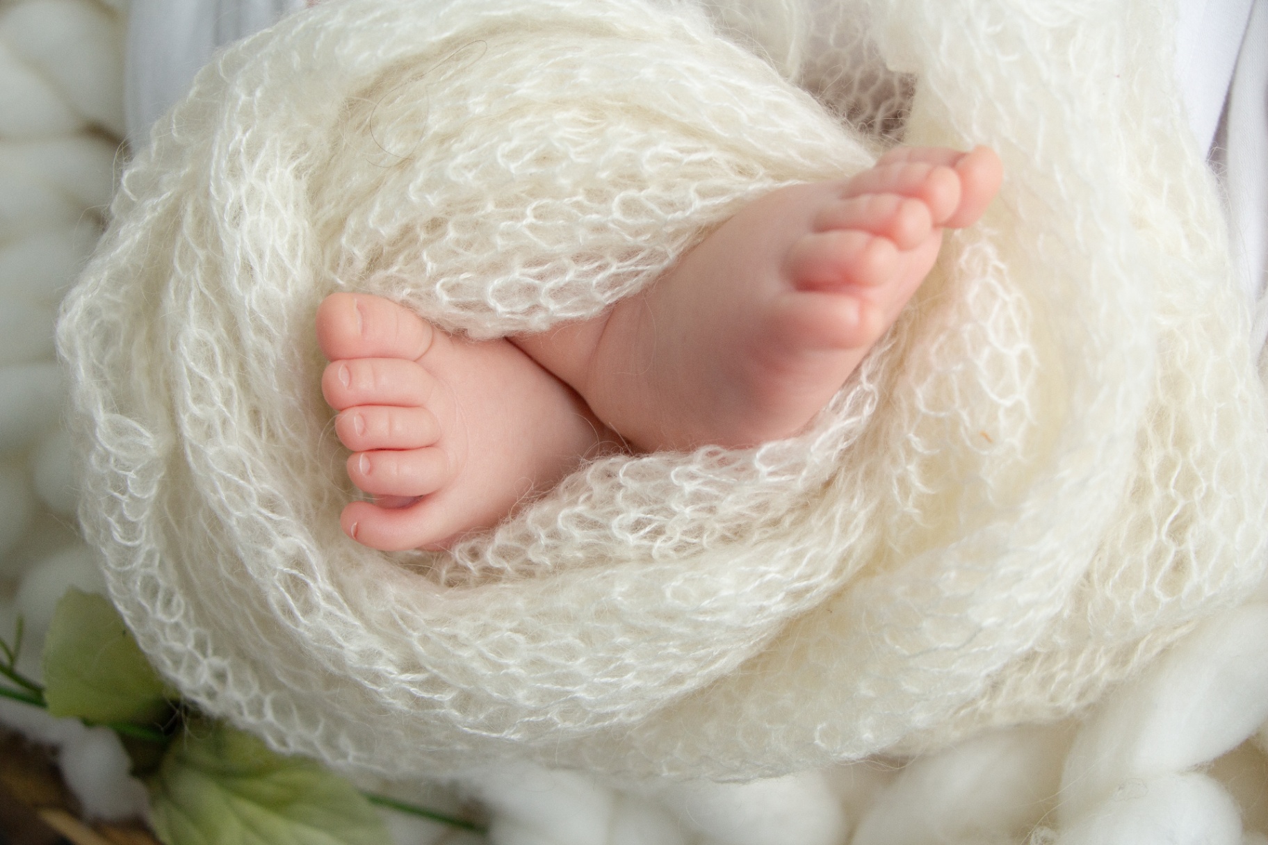 Tiny newborn feet wrapped in a soft ivory knit blanket